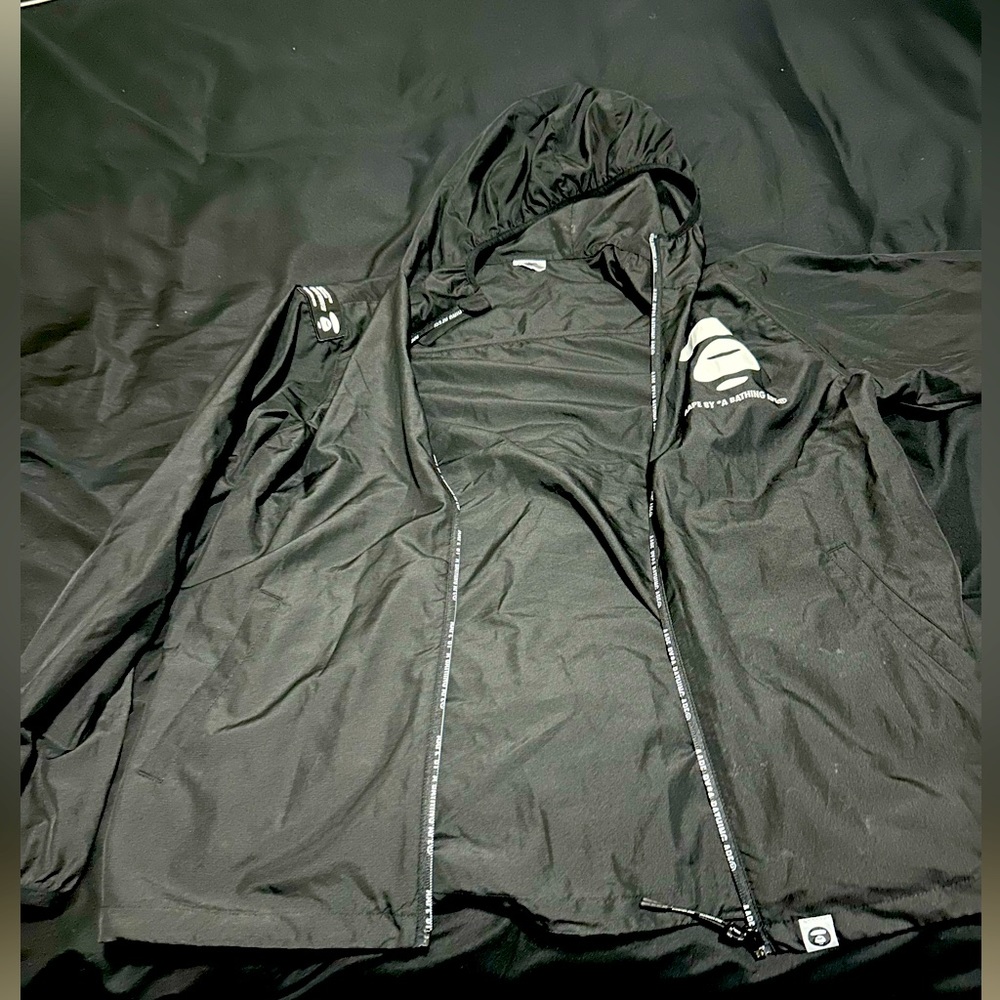 Aape By Bathing Ape Black Windbreaker Jacket Hood Size Medium Black Long Sleeve